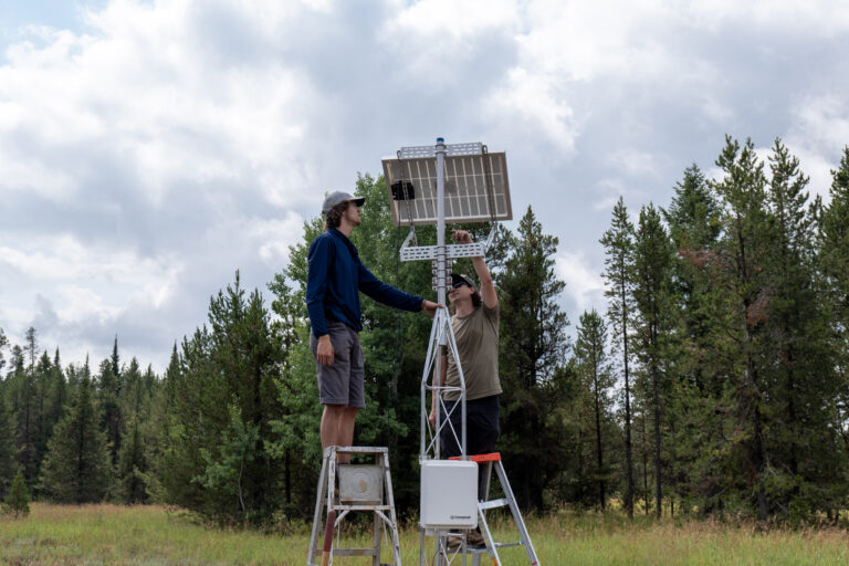 Two people stand on ladders and touch a metal tower with a solar panel on top. The sky is cloudy and there are needled trees in the background.