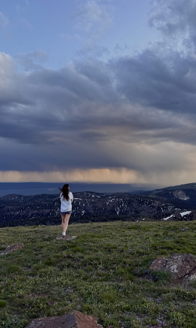 Woman standing in grass watching a rain storm