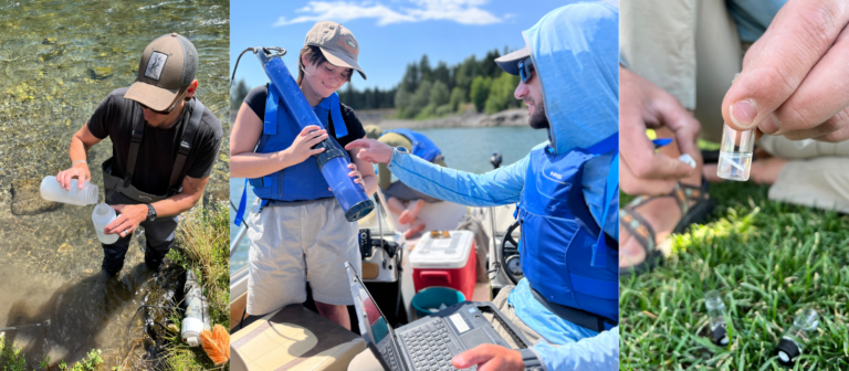 A collage of three photos. The first photo shows someone pouring water from one container to another. The second photo shows two people in blue with a device above a laptop. The third photo is of a close up of a hand holding a small vial of water.