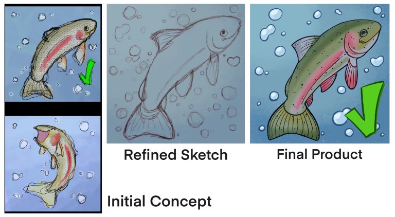 Initial concepts of a happy trout, followed by a sketch and full color.