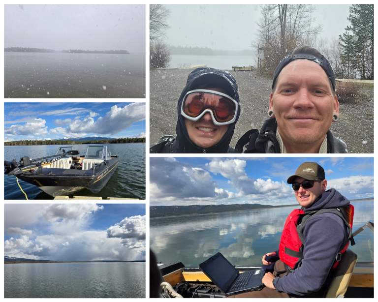 A photo collage. One photo has snow falling on a foggy reservoir. One photo is of a boat on the reservoir. One photo is of cloudy sunshine on the reservoir. One photo is a selfie of two people as it snows, one is wearing goggles. One photo is of a person in a red life jacket wearing sunglasses and a hat, sitting on a boat with a laptop in their lap.
