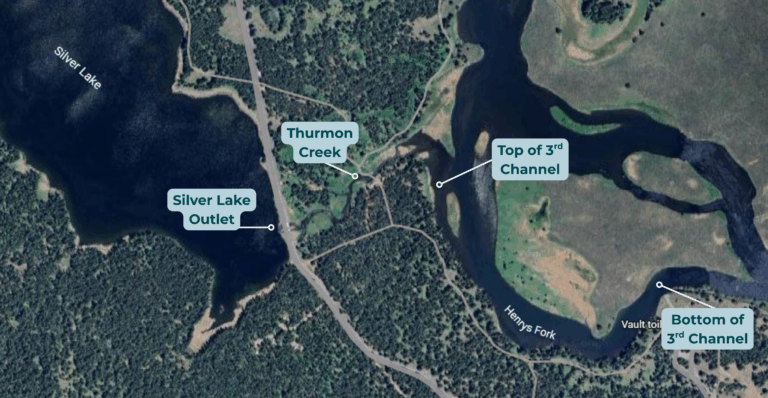 Four turbidity sampling locations: Silver Lake outlet, Thurmon Creek, Top of Third Channel, and Bottom of Third Channel